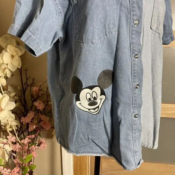 Disney Mickey Mouse Denim Button Up Shirt Women's Short Sleeve Character Top - Picture 2 of 5